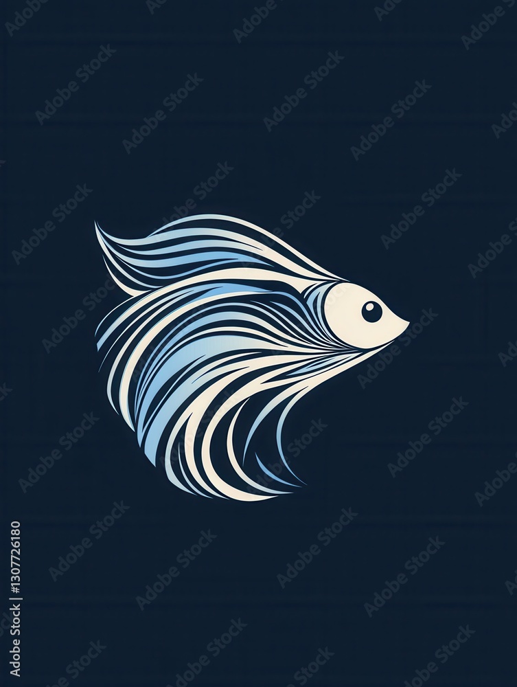 Poster stylish abstract fish logo featuring wave patterns in cool blue tones for aquatic brand identity gen