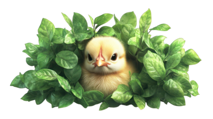 A charming scene of a baby chick peeping out from beneath a cluster of green spring leaves, rendered with lifelike textures,