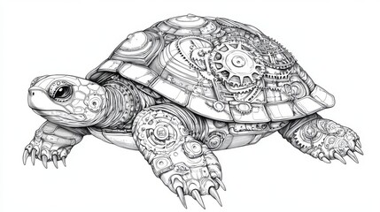 Fototapeta premium A turtle with gears, cogs, and metal plates like a machine. You can color it in 