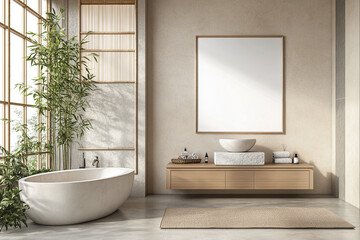 Fototapeta premium A serene, Japanese-style spa bathroom featuring a stone bathtub, bamboo plants, and natural wood accents for a tranquil, minimalist retreat. 