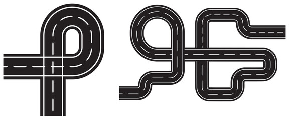 Wavy road with winding curves and horizontal path. Top view of race track and highway. Flat vector illustration isolated on white background.