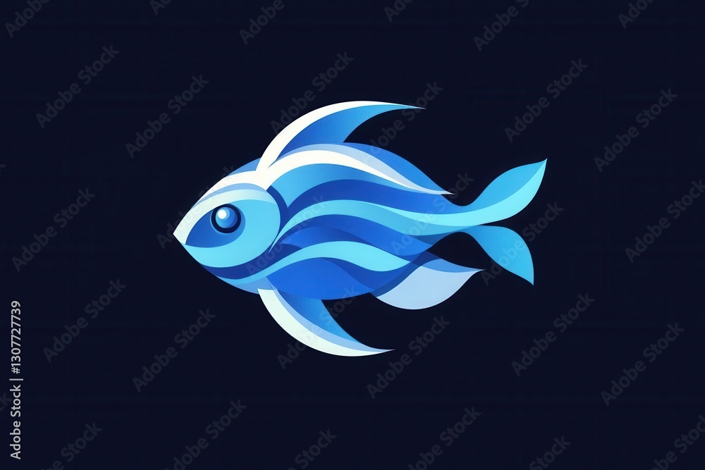 Poster minimalist fish logo featuring wave patterns in cool blue tones for an aquatic themed design project