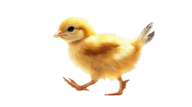 A dynamic illustration of a chick taking its first steps, with every feather rendered in ultra-realistic detail,