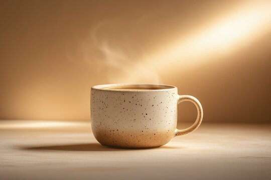 A steaming cup of coffee in a speckled mug, bathed in warm sunlight.