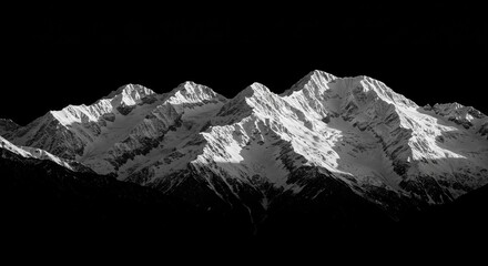 Majestic Snowy Mountain Range Silhouette - A breathtaking monochrome landscape photograph of a snow-capped mountain range, isolated against a black background. Symbolizing power, serenity, adventure