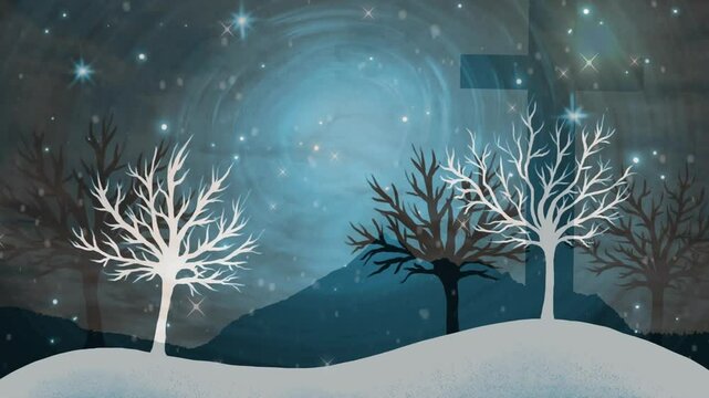 Swirling starry night sky over snow-covered landscape with bare trees