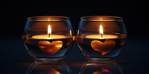 Candles in heart-shaped glasses illuminate a romantic setting during an evening gathering