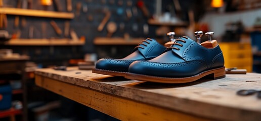 Blue Brogues on Wooden Workshop Table