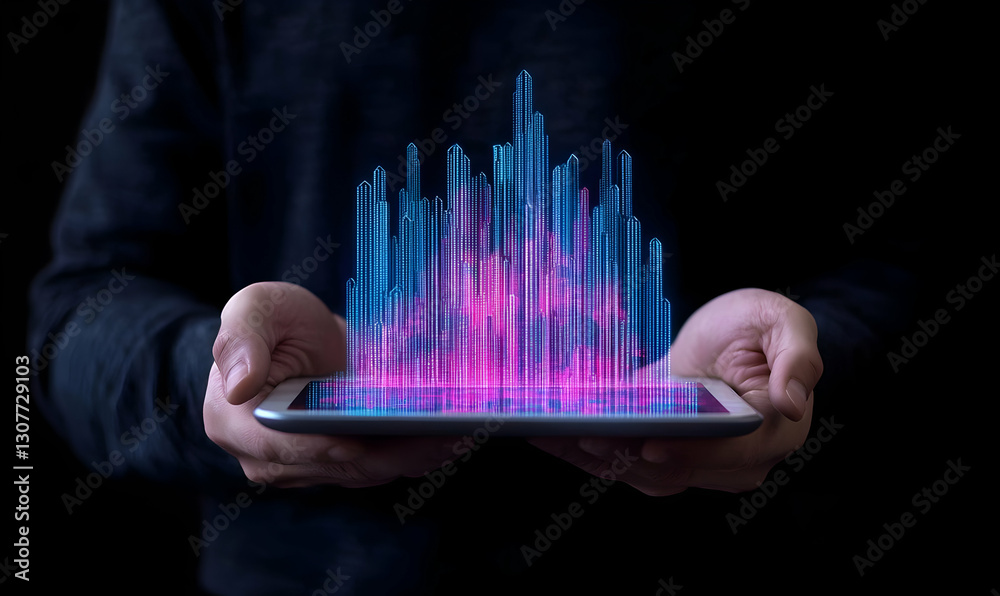 Poster digital data visualization concept with holographic chart display
