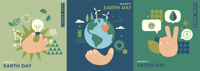 Set eco conceptual cards for Earth Day,world environment day.Save energy,take care of world,think green,live in eco friendly world.Posters,flyers for web,social media,design,marketing,advertise.Vector © tandav