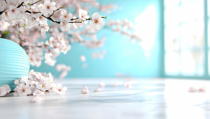 Spring blossoms in a light blue room near a window, with a decorative orb. Ideal for springtime greetings, home decor websites, and seasonal promotions