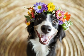 Morning glow. Cute baby dog afghan hound wearing savage flower circlet on its head. Summertime happiness. Radiant holiday fun for pets. Sunlit happiness for pets. Smiling puppy in the sunshin.