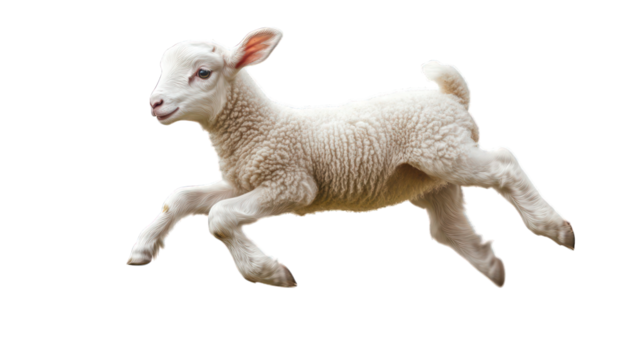 A realistic lamb bounding across a field with its wool rendered in intricate detail and a playful expression,
