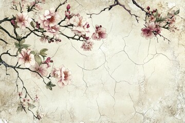 Aged wall with delicate cherry blossoms and cracked texture