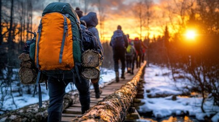 Hikers crossing log bridge in winter forest at sunrise