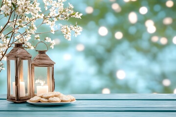 Springtime serenity Lanterns, cookies, and blossoms on a tranquil patio with a bokeh background, ideal for greeting cards or spring promotions
