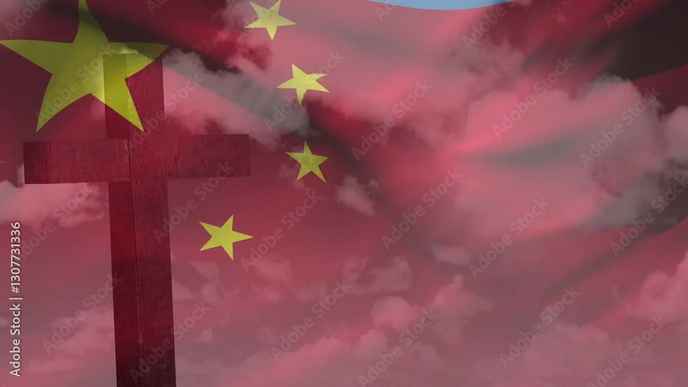 Poster overlapping chinese and american flags with cross and clouds in background animation