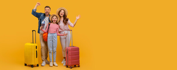 A cheerful family of three, featuring a man, woman, and child, are excited about their upcoming trip. The parents stand with their arms raised in jubilation while the child clings to the woman hand