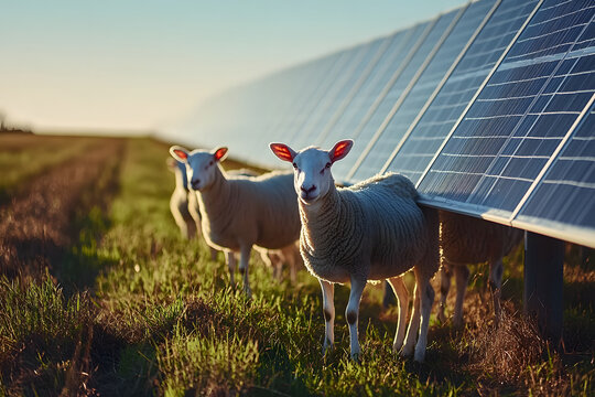 Reba&ntilde;o de ovejas pastoreando bajo una instalaci&oacute;n de paneles fotovoltaicos como concepto de combinaci&oacute;n de recursos naturales como ganader&iacute;a y agricultura y instalaciones de paneles solares