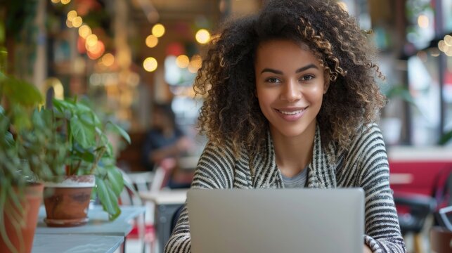 Freelancer working in a cozy cafe while enjoying a vibrant atmosphere with plants and people around
