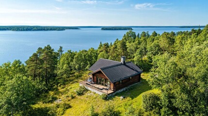 Secluded lakefront cabin nestled in lush greenery.