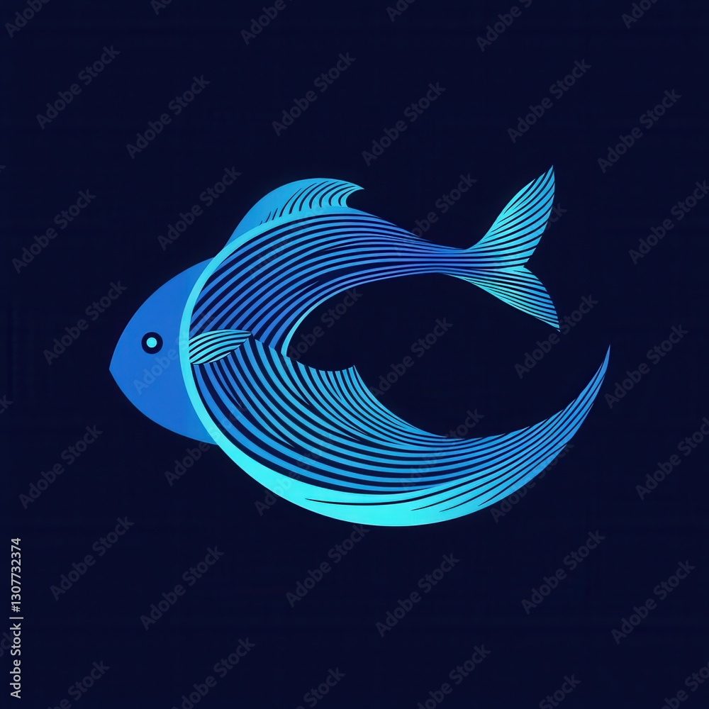 Poster Minimalist abstract fish logo with wave patterns featuring cool blue tones for aquatic themes and designs Generative AI