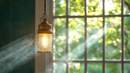 Obraz premium Sunbeams illuminate a vintage hanging lamp near a window overlooking lush greenery; ideal for home decor, interior design, or peaceful atmosphere websites