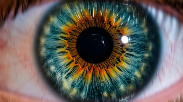close up of an eye with pupil dilating and contracting with colorful iris