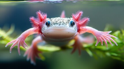 Underwater axolotl, close-up, aquarium, aquatic plants in background