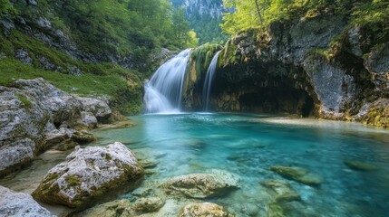 Fototapeta premium Slovenia offers stunning hidden gems for hiking enthusiasts. Explore towering waterfalls and lush gorges amidst the majestic Slovenian mountains.