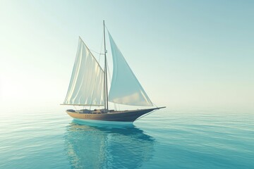 Fototapeta premium A classic sailboat glides serenely across a calm, turquoise ocean under a soft, clear sky.