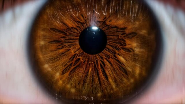 brown human eye close up with dilating and contracting pupil and brown iris, best for iris verification concept