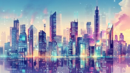 Fototapeta premium Robotic arms and cloud computing are key to smart cities and modern factories. These technologies connect everything, making cities and industries more efficient and responsive. 