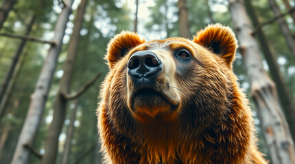 Fototapeta premium Portrait brown bear in the forest up close. Wildlife scene from spring nature. Wild animal in the natural habitat