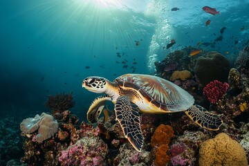 Obraz premium Majestic Sea Turtle in Vibrant Coral Reef: Sunlit Underwater Scene