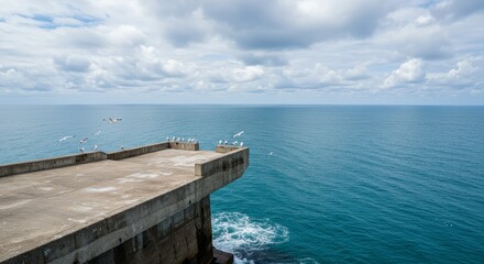 Obraz premium Oceanside Concrete Platform - A sturdy concrete platform extends over the ocean, offering a breathtaking view. Birds perch on the edge, adding a touch of life to the scene
