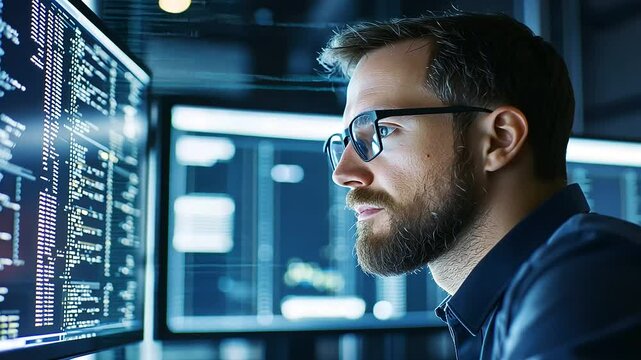 A male programmer oversees big data operations in a cutting-edge server room.