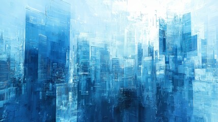Obraz premium Immerse yourself in a virtual cityscape, where abstract digital structures soar in an ethereal blue glow 