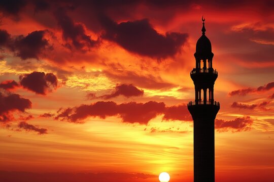 Silhouette of a mosque minaret against a vibrant, fiery sunset sky.