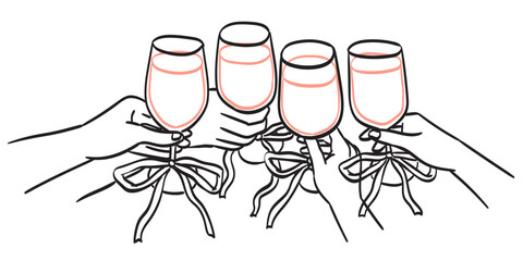 Cheers or drinking toast drawing. Glass with wine in hands. Birthday party or bachelorette with friends. Champagne, prosecco, martini, aperol spritz vector line ink illustration. Wedding celebration.