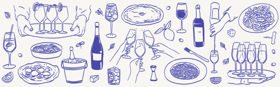La dolce vita italian sicily style. Hand drawn ink line food and wine or champagne drawings. Sketch style lunch or dinner Illustrations for wedding invitations, cafe or restaurant menus and parties.