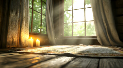 Sunlit cabin window, candles on wooden floor, peaceful morning scene, ideal for wellness or home decor websites