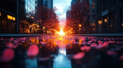 Fototapeta premium Urban Sunrise Path with Cherry Blossoms