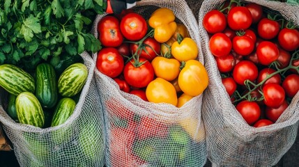 Using mesh bags and creative placement of tomatoes, cucumbers, and peppers, you can shop for food in an eco-friendly way. This low-waste lifestyle eliminates plastic use for a sustainable life.