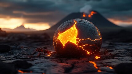 Volcanic landscape, cracked sphere, molten core, erupting volcano