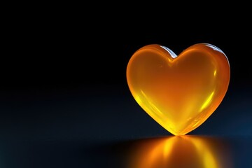 A luminous amber heart, smooth and glossy, sits on a dark surface, reflecting light.