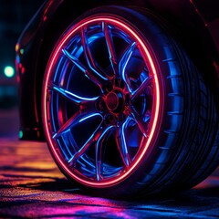 Closeup of a car wheel with neon light. 3d rendering