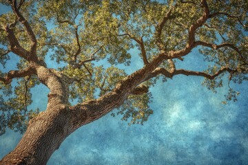 Fototapeta premium Majestic oak tree branches reaching towards a vibrant blue sky, showcasing nature's beauty.