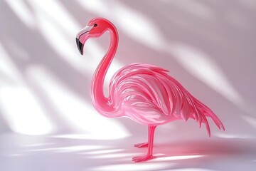 Fototapeta premium A vibrant pink flamingo statue, elegantly posed, bathed in soft sunlight.