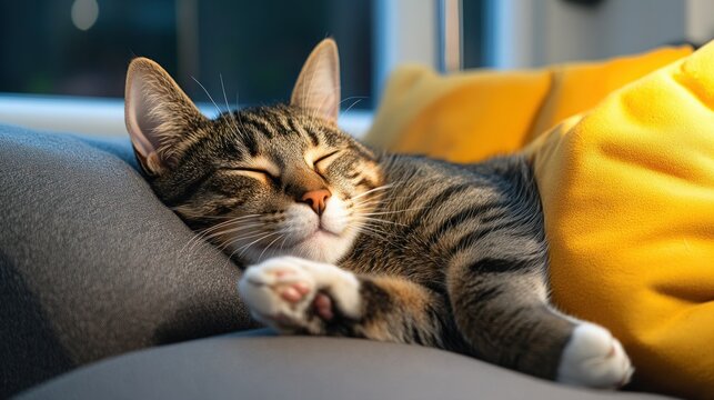 Sleepy tabby cat napping on couch with yellow pillows at window